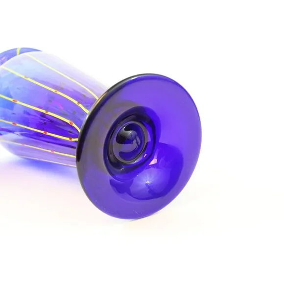 Hand Blown Cobalt Blue Art Glass Vase 12” Pulled Line Design Pedestal Foot Mexic